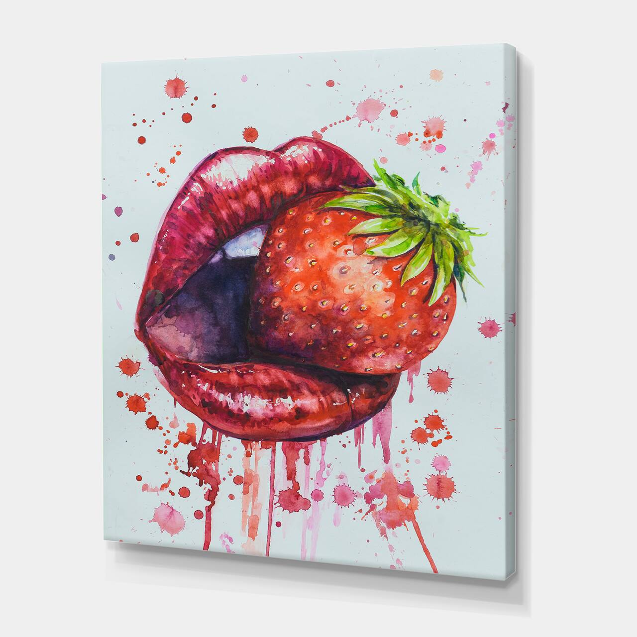 Designart - Red Woman Lips Eating A Strawberry - Modern Canvas Wall Art Print